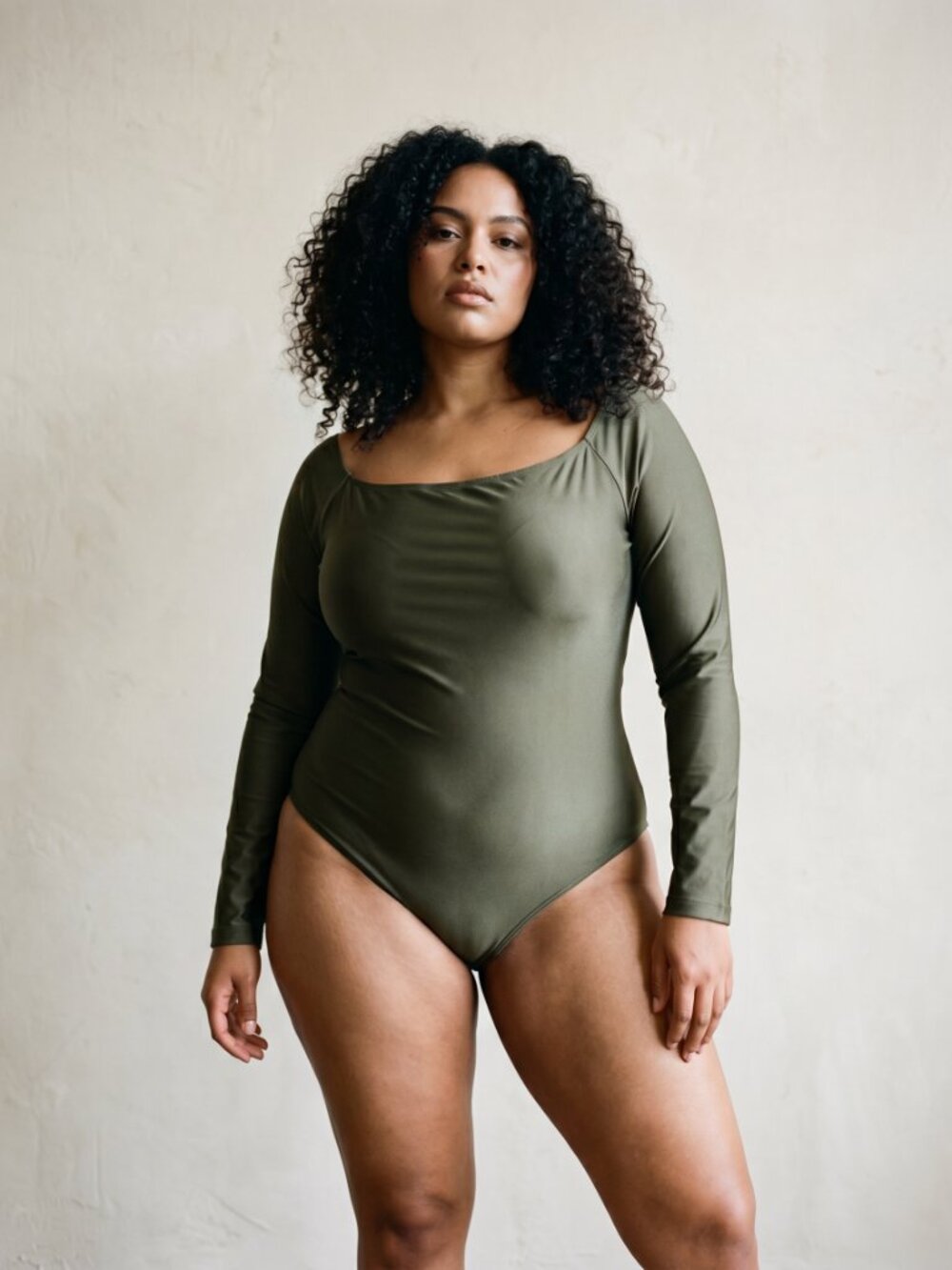 Olive Green Long Sleeve One Piece Swimsuit